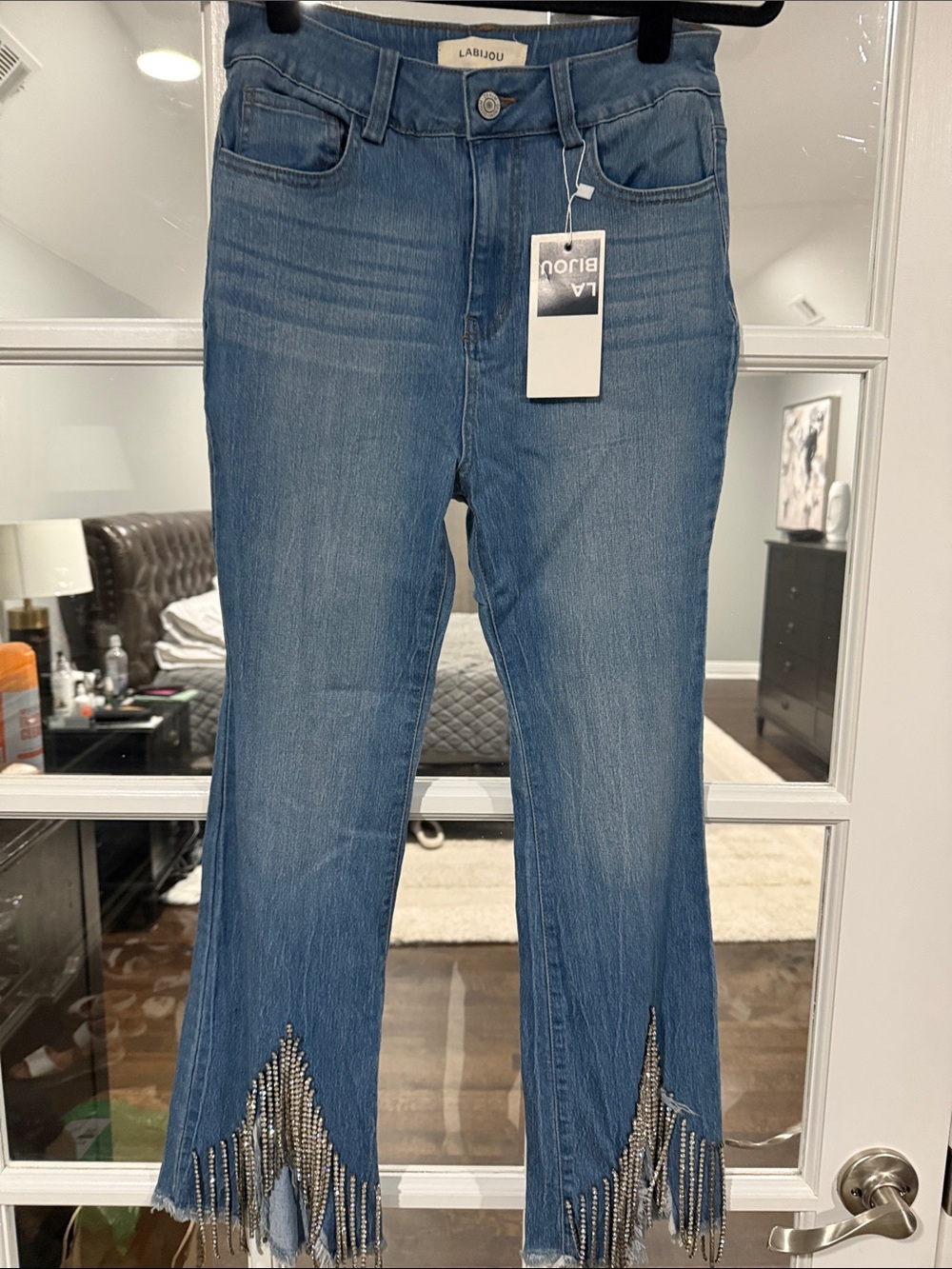 La Bijou Blue Embellished Fringe Hem Wide-Leg Jeans